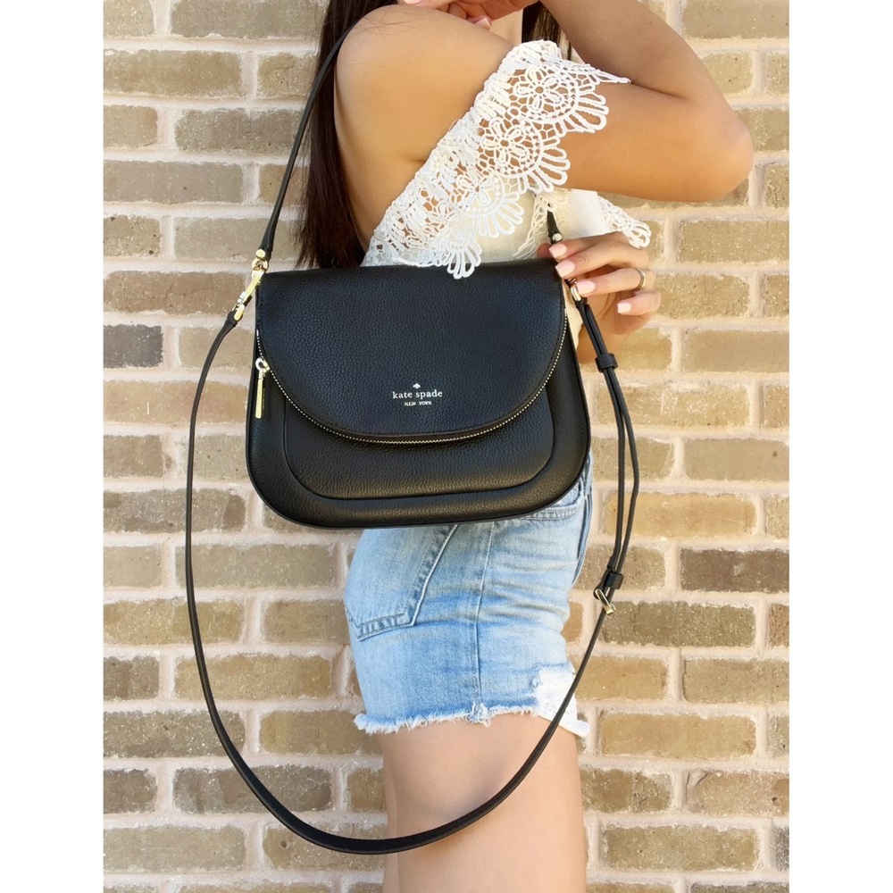 kate spade Leila Black Pebbled Leather Double Flap Crossbody